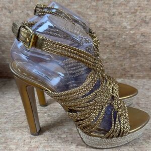 Miu Miu Gold Braided Espadrille Platform High Heels EU 39.5 Italy Luxury Shoes